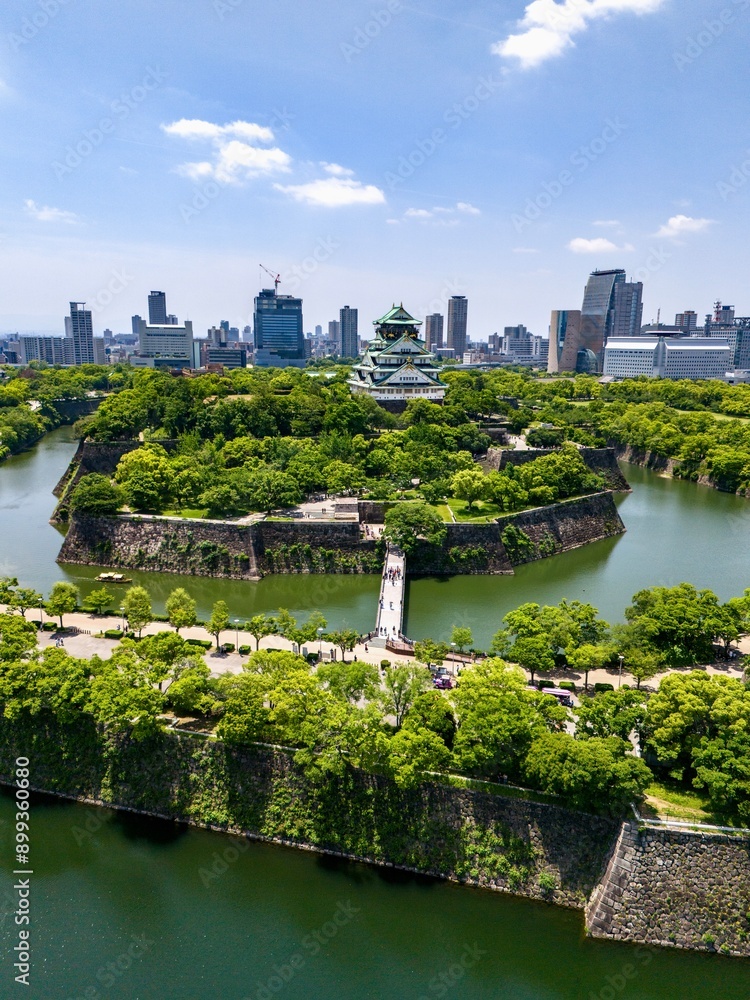 Fototapeta premium Drone footage of Osaka castle fortifications, Japan