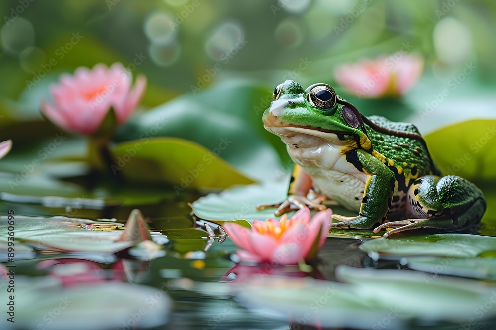Vibrant Frog Resting on Lily Pad in Tranquil Pond Surrounded by Water Lilies Vibrant Frog Resting on Lily Pad in Tranquil Pond Surrounded by Water Lilies
