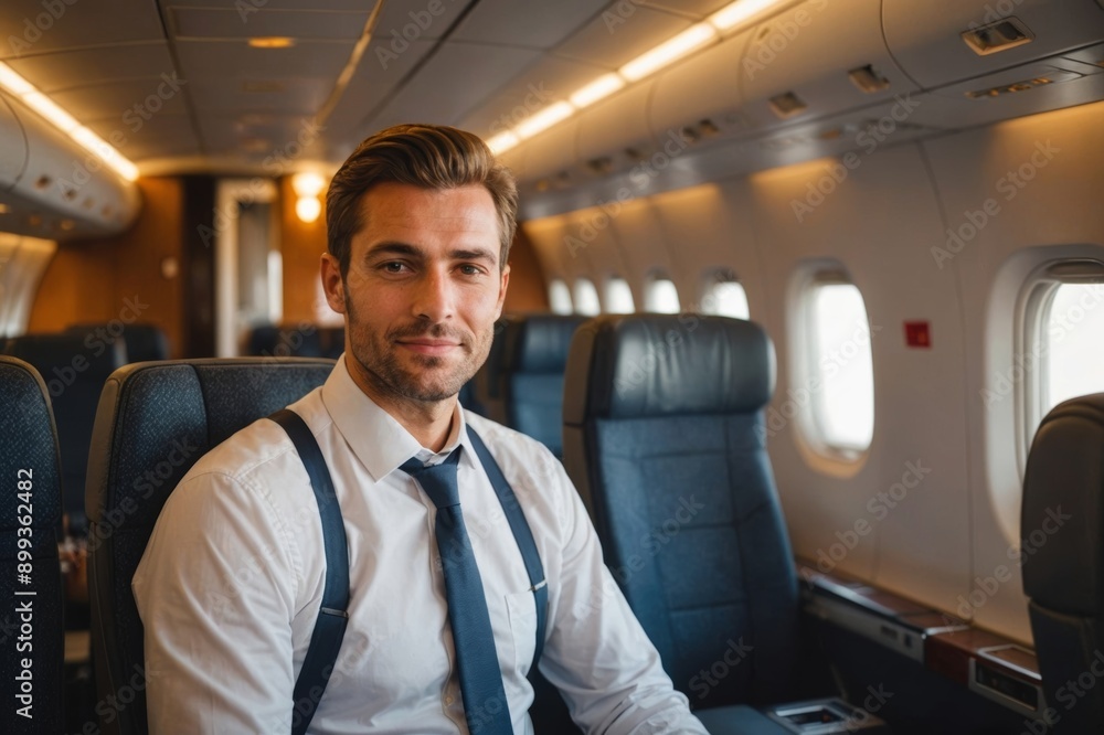 Close up portrait of handsome confident steward posing at the photo camera near the cozy chair of passenger aircraft Close up portrait of handsome confident steward posing at the photo camera near the cozy chair of passenger aircraft