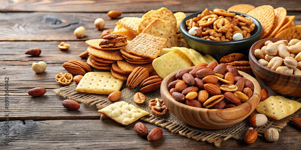 A heap of mixed nuts, potato chips, and crackers on a table, snacks, pile, assortment, variety, nuts, potato chips, crackers A heap of mixed nuts, potato chips, and crackers on a table, snacks, pile, assortment, variety, nuts, potato chips, crackers
