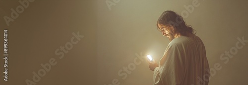 Jesus looking at a smartphone with a glowing screen in a soft, warm-toned background, horizontal composition with ample copy space on the left side photo