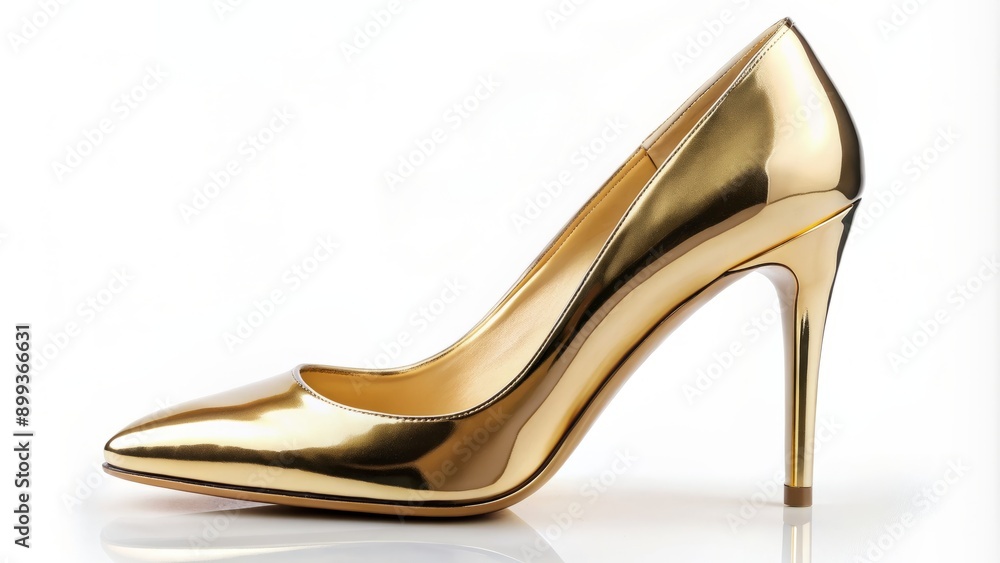 Luxurious gold stiletto heel with mirrored glossy finish, resting on a clean white background, showcasing elegance, sophistication, and high-end fashion statement. Luxurious gold stiletto heel with mirrored glossy finish, resting on a clean white background, showcasing elegance, sophistication, and high-end fashion statement.