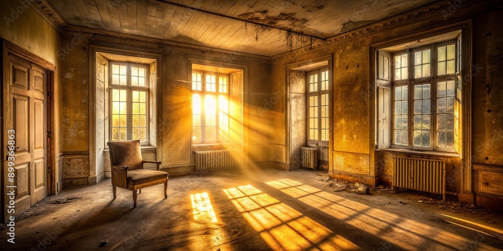 Golden light pours through dusty windows, illuminating vacant rooms, abandoned furniture, and eerie shadows, capturing the haunting beauty of a forgotten, once-lived-in home. Golden light pours through dusty windows, illuminating vacant rooms, abandoned furniture, and eerie shadows, capturing the haunting beauty of a forgotten, once-lived-in home.