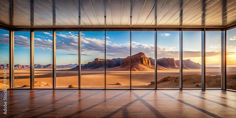 Fototapeta premium Large window in a building providing a breathtaking view of a desert landscape, desert, window, building, view, scenery, dry, arid
