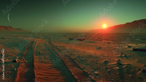 Obraz na płótnie Martian Sunset: A Solitary Journey on the Red Planet w salonie