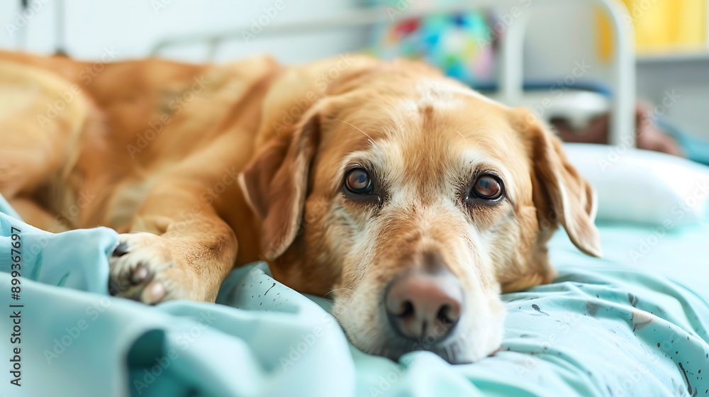A dog sleeping on a hospital bed looking sad A dog sleeping on a hospital bed looking sad