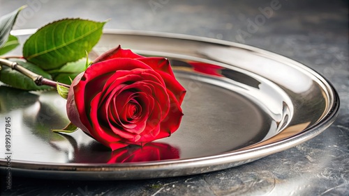 Red rose placed elegantly on a shiny silver plate, rose, red, flower, romantic, shiny, silver, plate, luxury, elegant #899367845