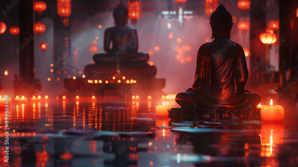 Vesak Day Poster featuring a Buddha statue, bold Happy Vesak Day , simple temple silhouette background Vesak Day Poster featuring a Buddha statue, bold Happy Vesak Day , simple temple silhouette background
