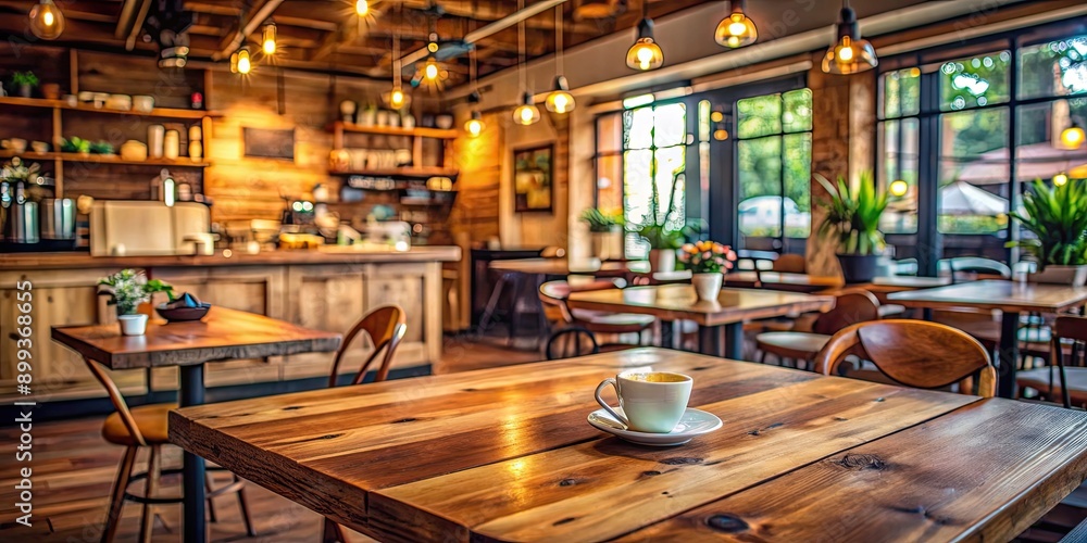 Fototapeta premium Wooden desk with a cozy cafe vibe , cafe, wood, desk, interior, cozy, vintage, rustic, ambiance, workspace, coffee, plant, retro