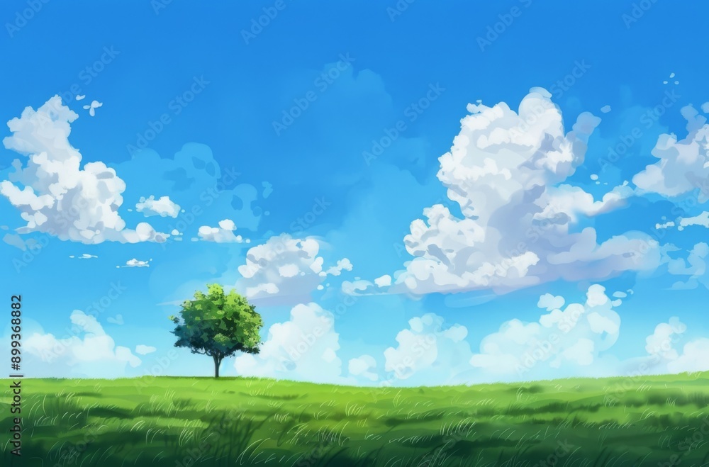 A blue sky with white clouds, green grass and one tree in the distance. A blue sky with white clouds, green grass and one tree in the distance.
