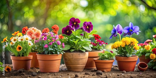 Fototapeta Naklejka Na Ścianę i Meble -  Colorful flowers in pots and seedlings scattered in a vibrant garden setting, gardening, plants, flowers, nature, outdoor