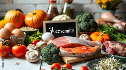 Products contain glucosamine on the table. Selective focus.