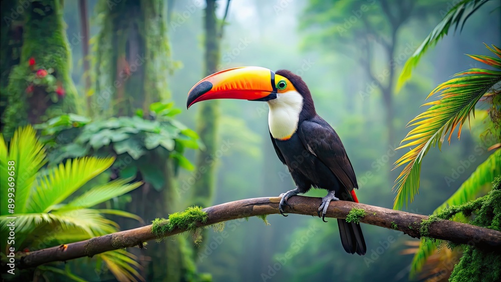 Naklejka premium Toucan perched on a lush forest branch , Tropical, colorful, bird, exotic, wildlife, nature, foliage, vibrant, feathers, jungle