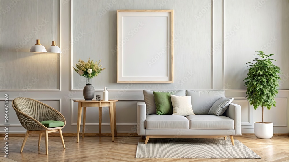 Naklejka premium Blank picture frame hanging on living room wall with decorative mockup, interior, frame, empty, wall, hanging, decoration, design