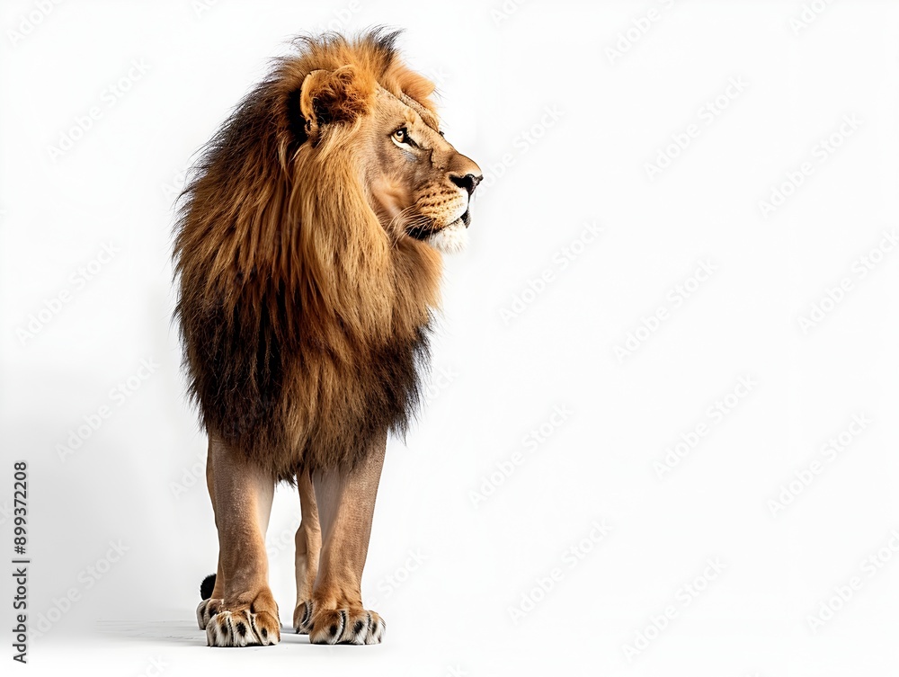 Obraz premium Majestic Lion Standing Tall and Regal on a White Background with Copy Space