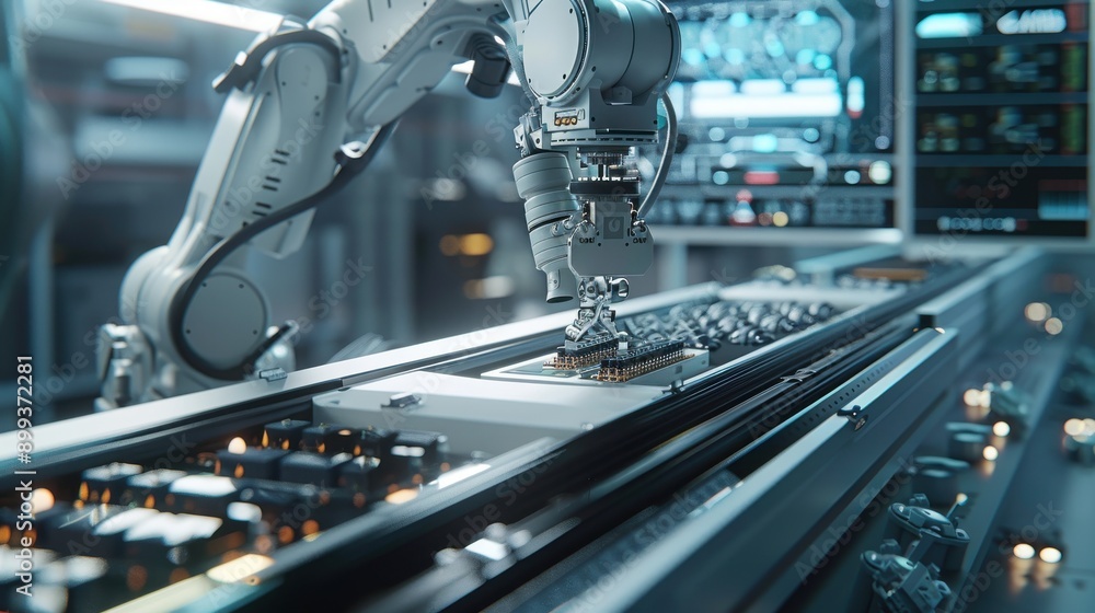 custom made wallpaper toronto digitalA scene depicting machine learning in action, with a robotic arm assembling components on a conveyor belt, supervised by an AI system displayed on a holographic interface, showcasing the efficiency