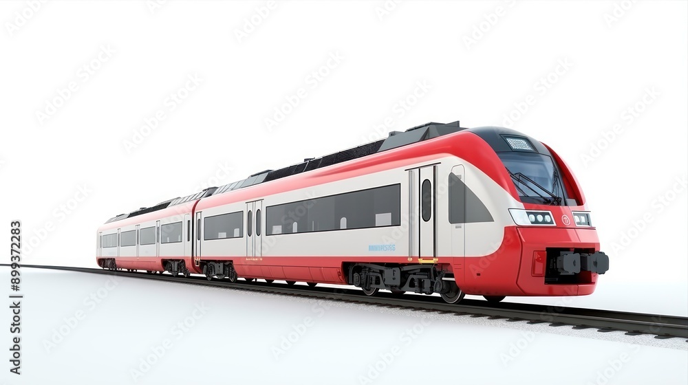 Super streamlined high-speed train with driver's cabin and carriages isolated on a white background. Intercity public transport traveling on railway rails