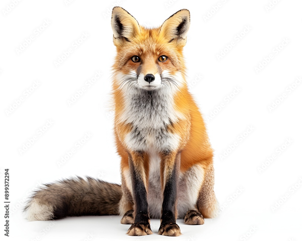 Fototapeta premium Curious Red Fox with Bushy Tail Sitting Alert on White Background
