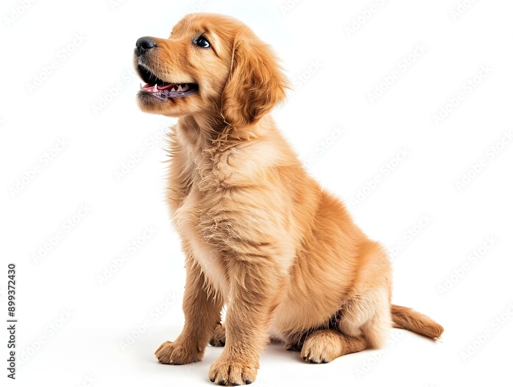 Playful and Happy Golden Retriever Puppy Sitting on White Background Playful and Happy Golden Retriever Puppy Sitting on White Background