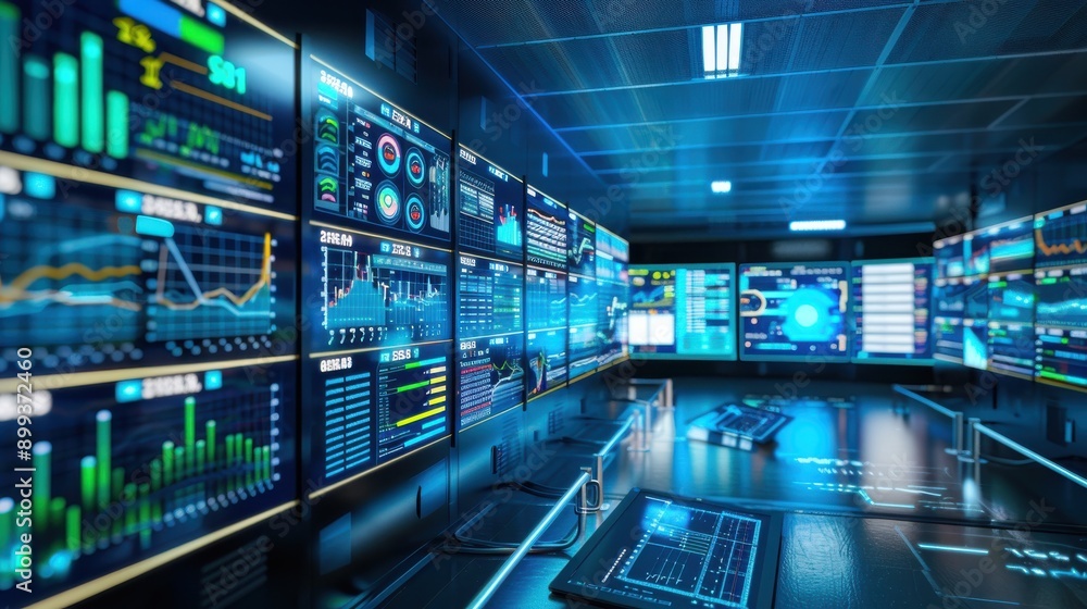 A data analysis center with rows of servers and analysts working on multiple screens, interpreting vast amounts of data visualized as dynamic graphs and charts, illustrating the importance of data A data analysis center with rows of servers and analysts working on multiple screens, interpreting vast amounts of data visualized as dynamic graphs and charts, illustrating the importance of data