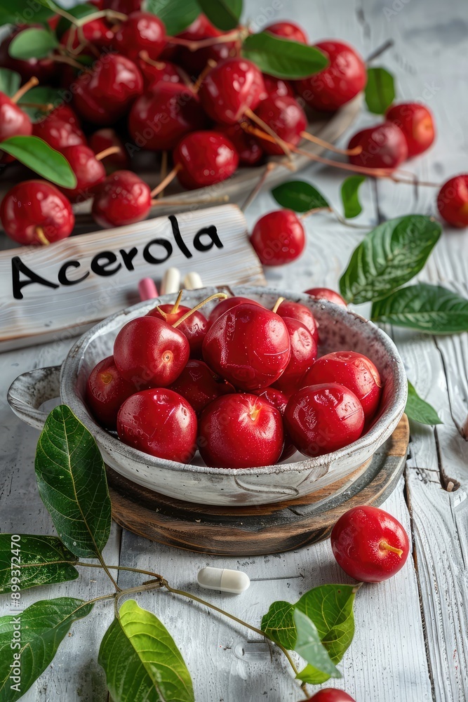 Acerola fruits and supplement capsules on the table. Selective focus. Acerola fruits and supplement capsules on the table. Selective focus.