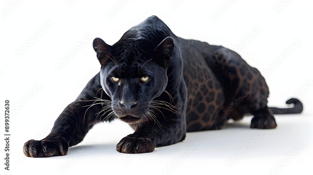 Sleek Black Panther Crouched and Ready to Pounce on White Background