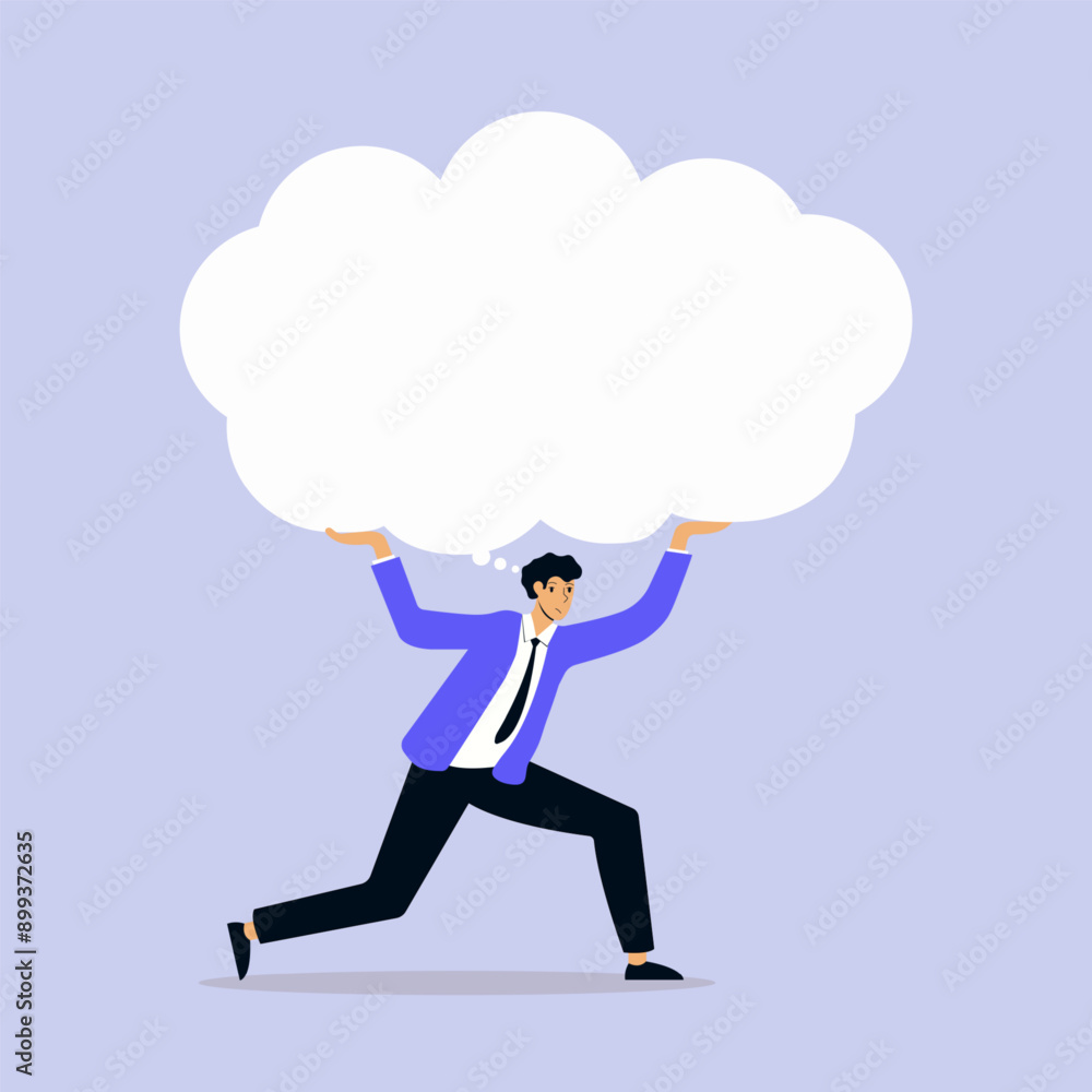 man bent under the weight of problems. Overthinking, obsessive at work or too many problems that can't make a solution concept, tried depressed business man bent under the weight of problems. Overthinking, obsessive at work or too many problems that can't make a solution concept, tried depressed business