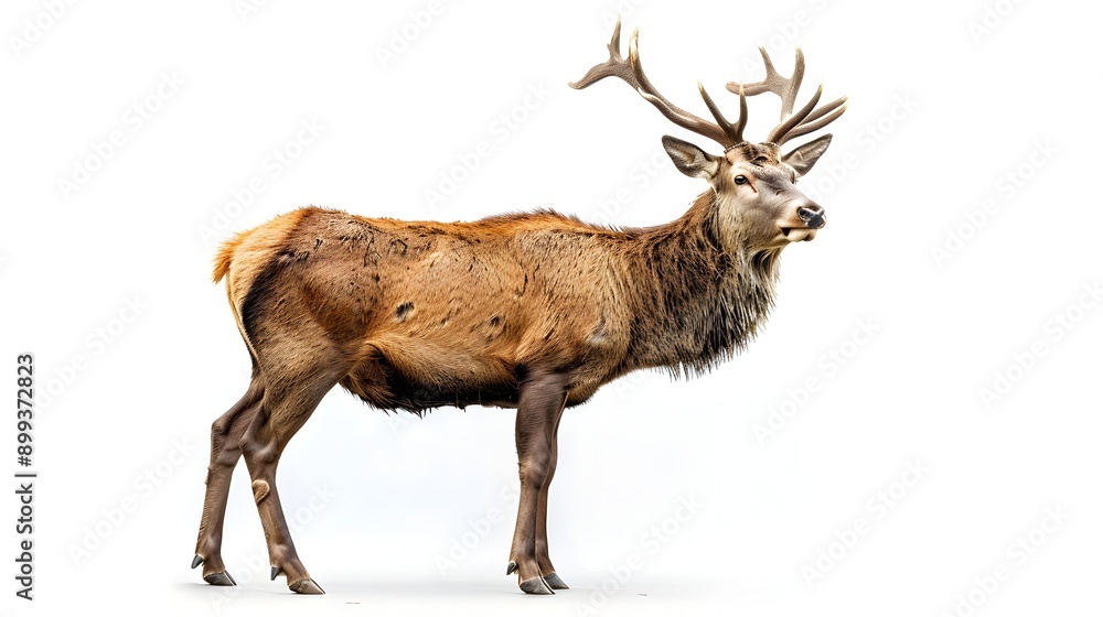 Obraz premium Magnificent Stag with Large Antlers Standing Proud on White Background