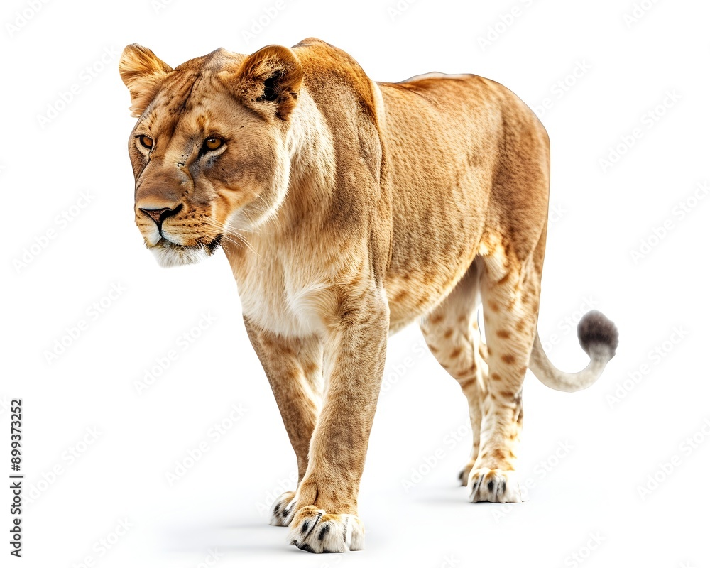 Fototapeta premium Regal Lioness in Stalking Pose on White Background Showcasing Strength and Ferocity