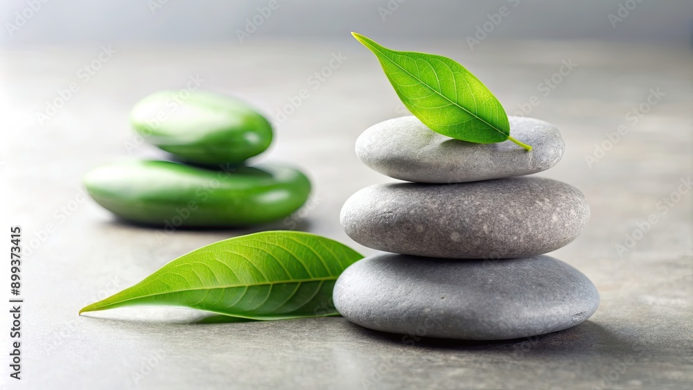 Zen stones stacked with a green leaf on top , meditation, balance, harmony, relaxation, wellness, mindfulness, tranquility Zen stones stacked with a green leaf on top , meditation, balance, harmony, relaxation, wellness, mindfulness, tranquility