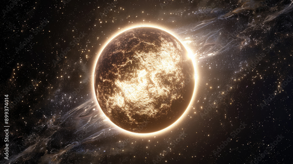 Fototapeta premium photo realistic render of perfect circle star in galaxy, on clean black space background
