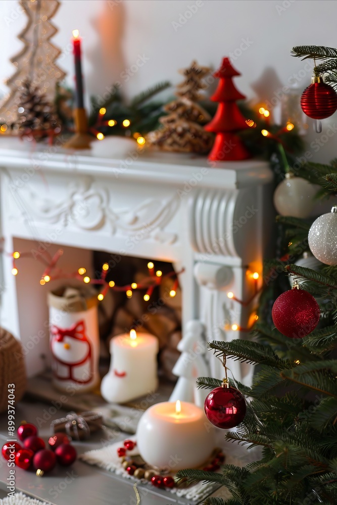 A fireplace decorated for Christmas with red and white ornaments and candles A fireplace decorated for Christmas with red and white ornaments and candles