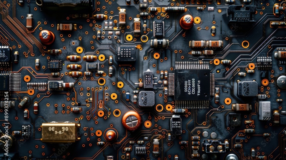 Fototapeta premium Close-up of a Complex Circuit Board with Microchips and Electronic Components