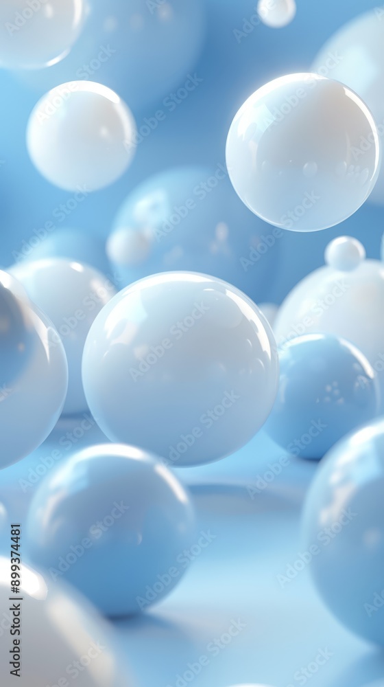A collection of blue and white balls suspended in a blue-and-white air saturated with white and light blue bubbles A collection of blue and white balls suspended in a blue-and-white air saturated with white and light blue bubbles