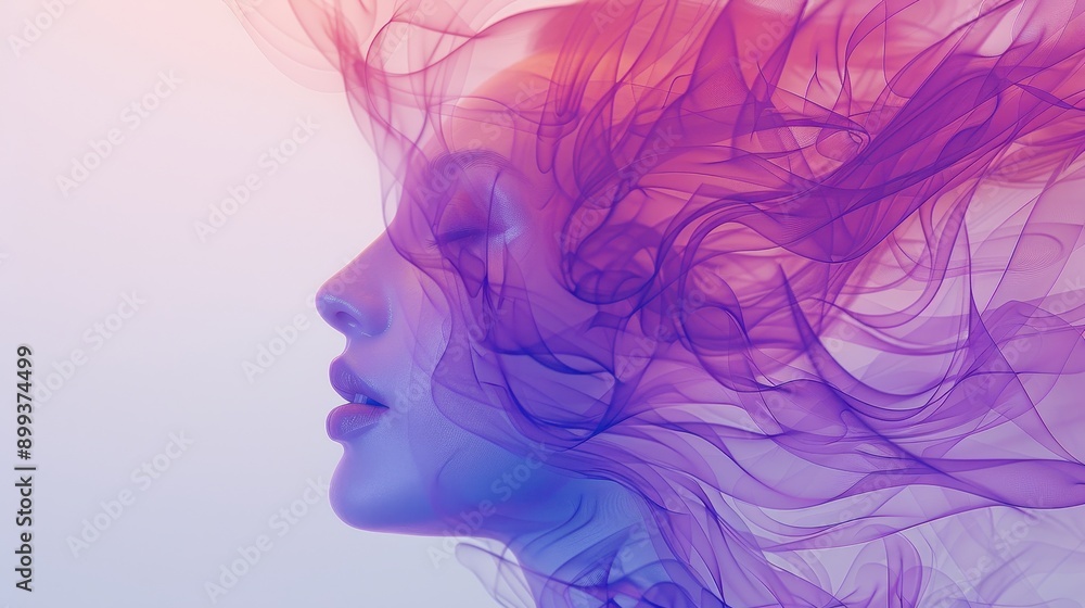 Ethereal Portrait of a Woman with Flowing Abstract Purple and Pink Smoke-Like Elements Ethereal Portrait of a Woman with Flowing Abstract Purple and Pink Smoke-Like Elements