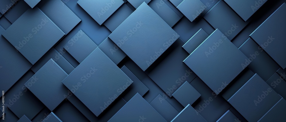 A dark blue abstract backdrop featuring numerous squares and rectangles, with a light beaming from the image's end A dark blue abstract backdrop featuring numerous squares and rectangles, with a light beaming from the image's end