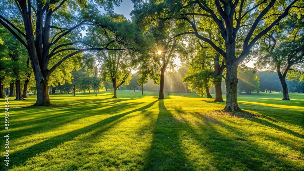 Naklejka premium Shadows of trees on the ground in a park during a sunny summer day, park, shadows, summer, sunlight, trees