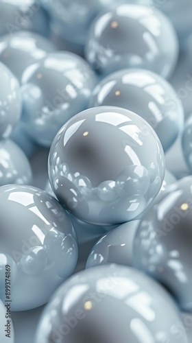  A tight shot of numerous glossy balls, half in blue and the other half in gray, each sporting a white center encircled by smaller gray and white orbs