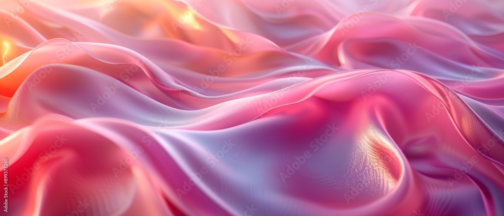A digital rendering of a wave formed by pink and blue fabric, featuring a central sun A digital rendering of a wave formed by pink and blue fabric, featuring a central sun