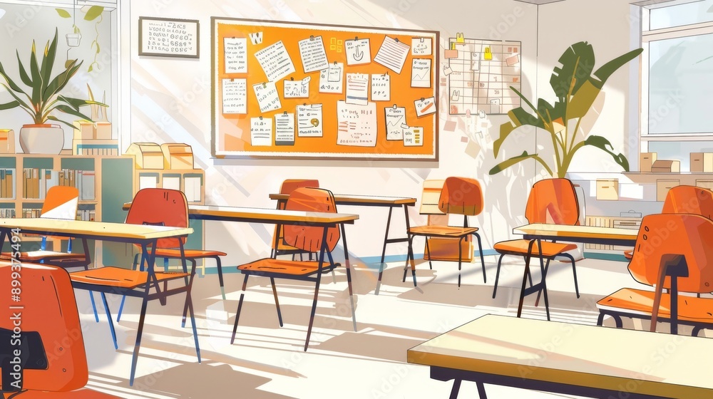 Obraz premium Empty Classroom with Sunlight Streaming Through Windows