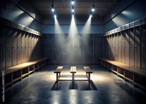 A photograph depicting a dimly lit room with a bench positioned in the center, Dramatically light and shadow a locker room scenario post an intense hockey game, AI Generated photo