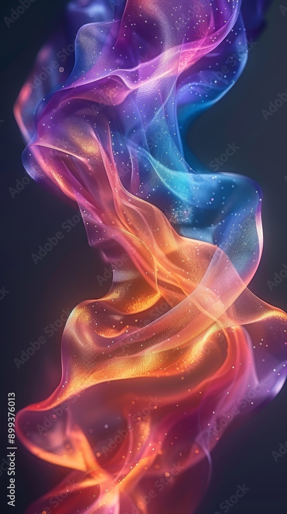 A tight shot of a cell phone screen displaying a hazy image of a wave of colorful smoke against a dark backdrop A tight shot of a cell phone screen displaying a hazy image of a wave of colorful smoke against a dark backdrop