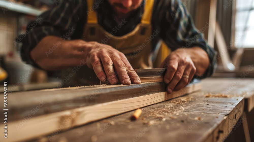 Carpenter measuring and cutting wood for a new shelf Carpenter measuring and cutting wood for a new shelf