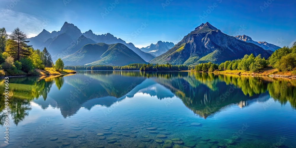 Obraz premium Picturesque landscape of mountains with a peaceful lake reflecting the clear blue sky overhead , mountains, lake