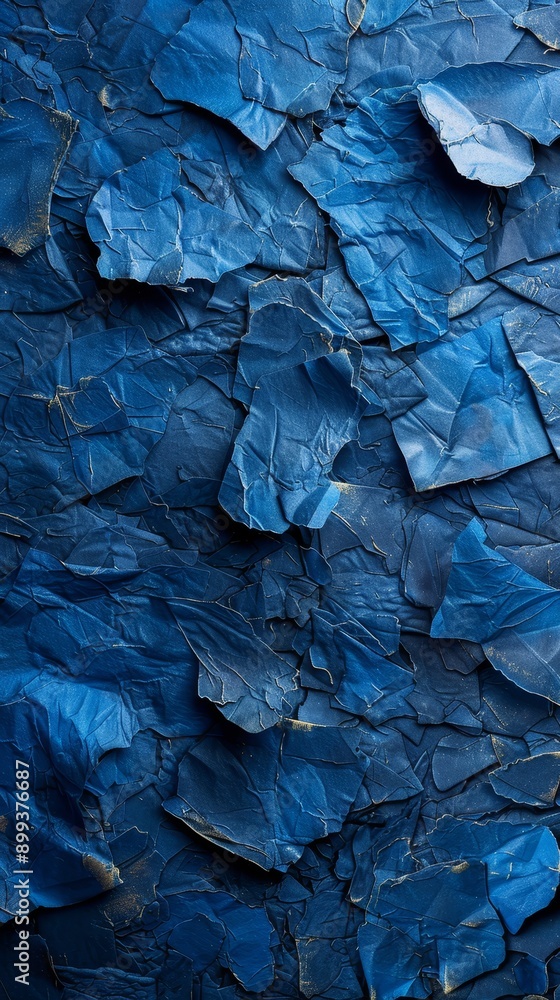 A tight shot of a blue wall adorned with a cluster of blue papers, a cell phone placed before it A tight shot of a blue wall adorned with a cluster of blue papers, a cell phone placed before it
