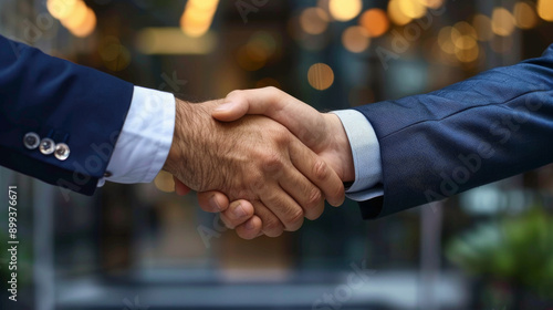 Close-up of a handshake between two business professionals in a modern office