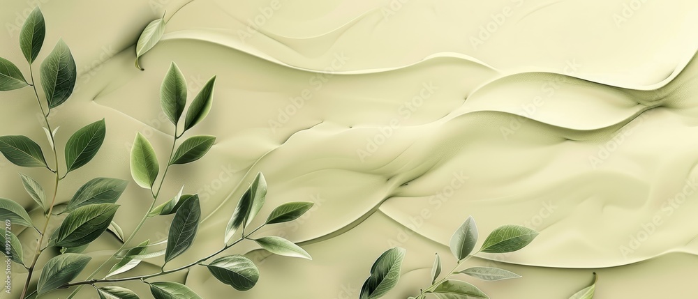 A tree branch painting against a cream background, adorned with verdant leaves and subtly wavy lines A tree branch painting against a cream background, adorned with verdant leaves and subtly wavy lines