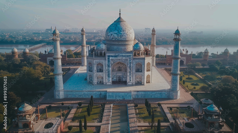 Obraz premium Drone capture of the Taj Mahal in bright blue sky - Agra, India