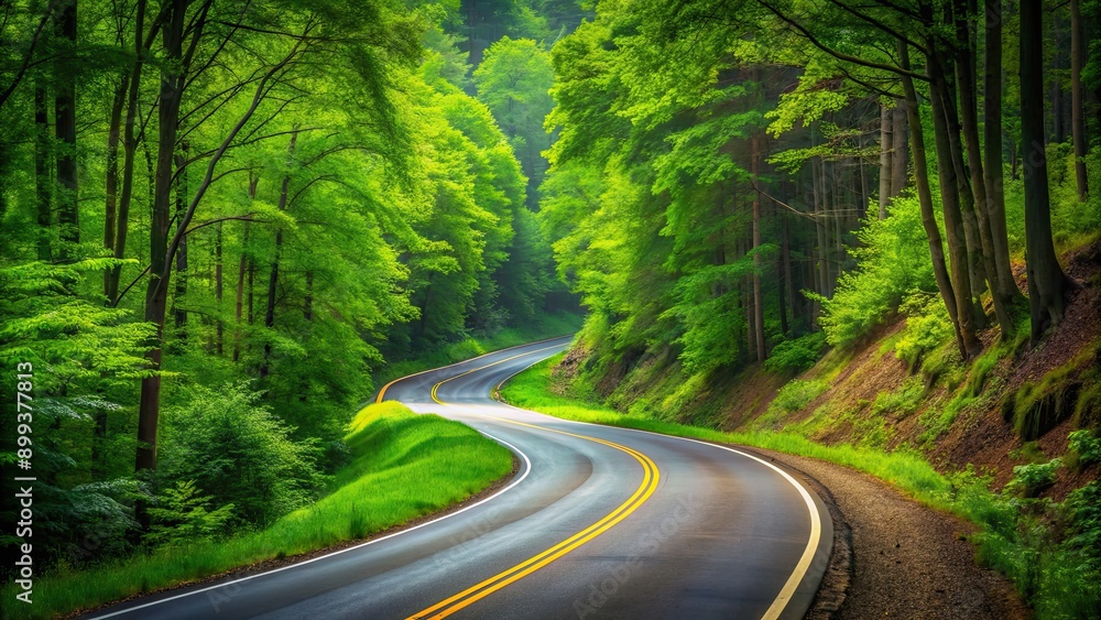 Obraz premium Curvy road cutting through lush green forest, winding, scenic, bending, nature, drive, travel, journey, adventure