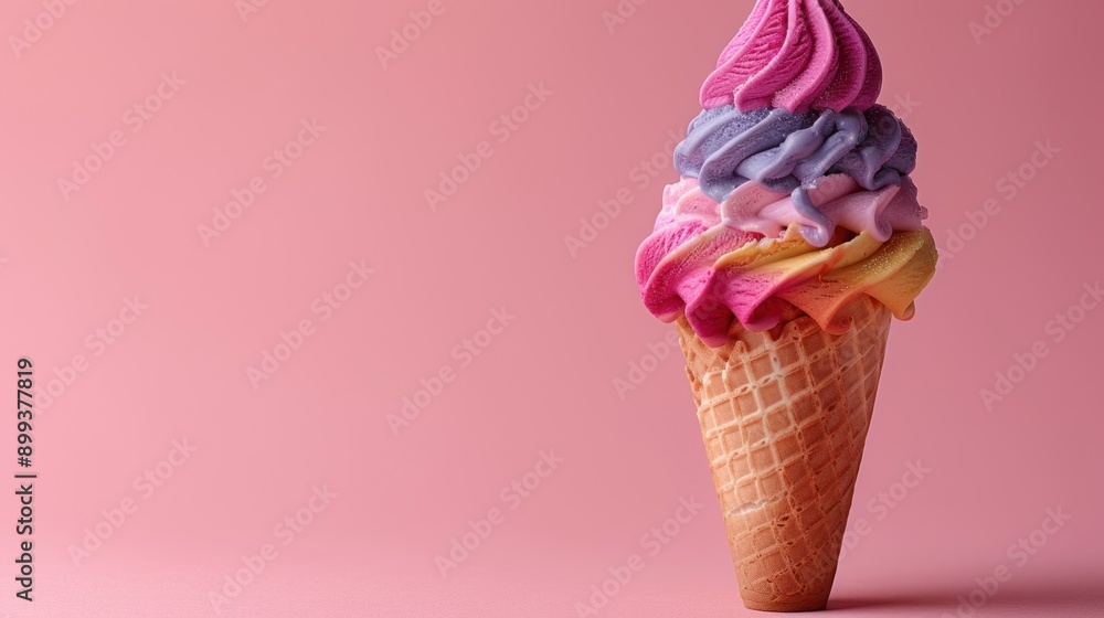 Multicolored Ice Cream Cone on Pink Background Multicolored Ice Cream Cone on Pink Background